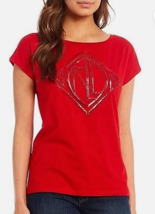 Lauren Ralph Lauren Tops - Lauren Ralph Sequined Art Deco Cotton Blend T-Shirt Lipstick Red Women's Large